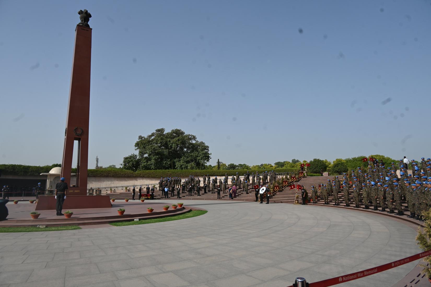Lieutenant General Rakesh Kapoor, Deputy Chief of the Army Staff (Information Systems & Coordination), officials of United Nations Organisation, Staff from Ministry of Defence and Ministry of External Affairs laid wreaths at the National War Memorial, New Delhi on the 76th International Day of United Nations (UN) Peacekeepers.