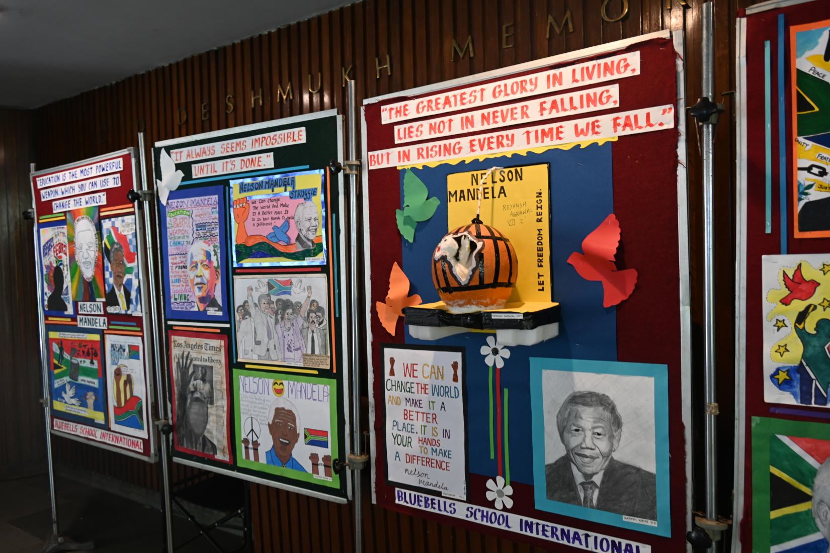 An exhibition of artwork by school students to pay tribute to Nelson Mandela on his 106th birth anniversary in New Delhi. 