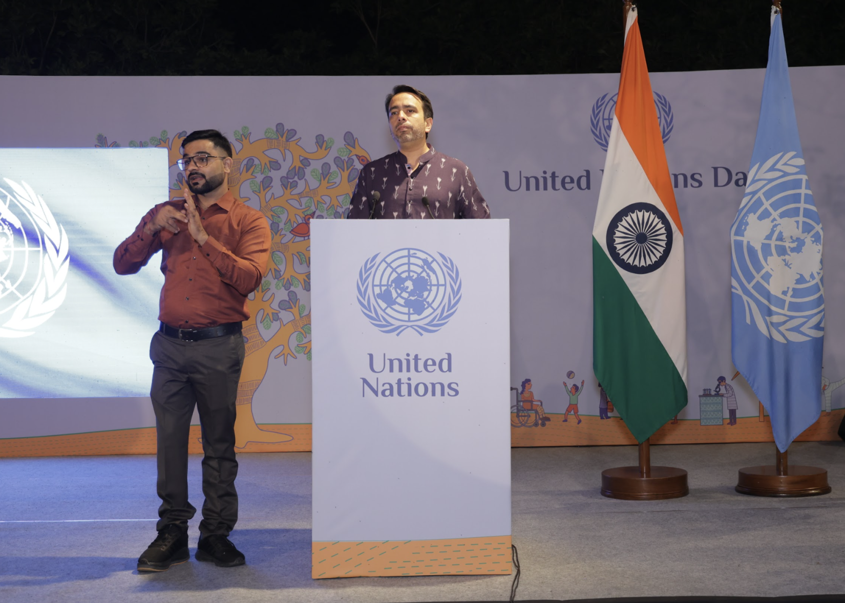 Union Minister of State (Independent Charge) for Skill Development and Entrepreneurship and Minister of State in the Education Department Jayant Chaudhary addresses the gathering at the UN Day celebrations in New Delhi. 