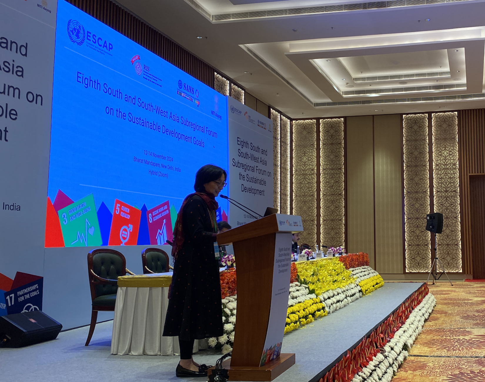 Mikiko Tanaka, Director and Head of ESCAP Subregional Office for South and South-West Asia Office, addresses participants at the forum convened by ESCAP, in collaboration with the Government of India, Research and Information System for Developing Countries, a policy institute, and the UN Resident Coordinator’s Office.