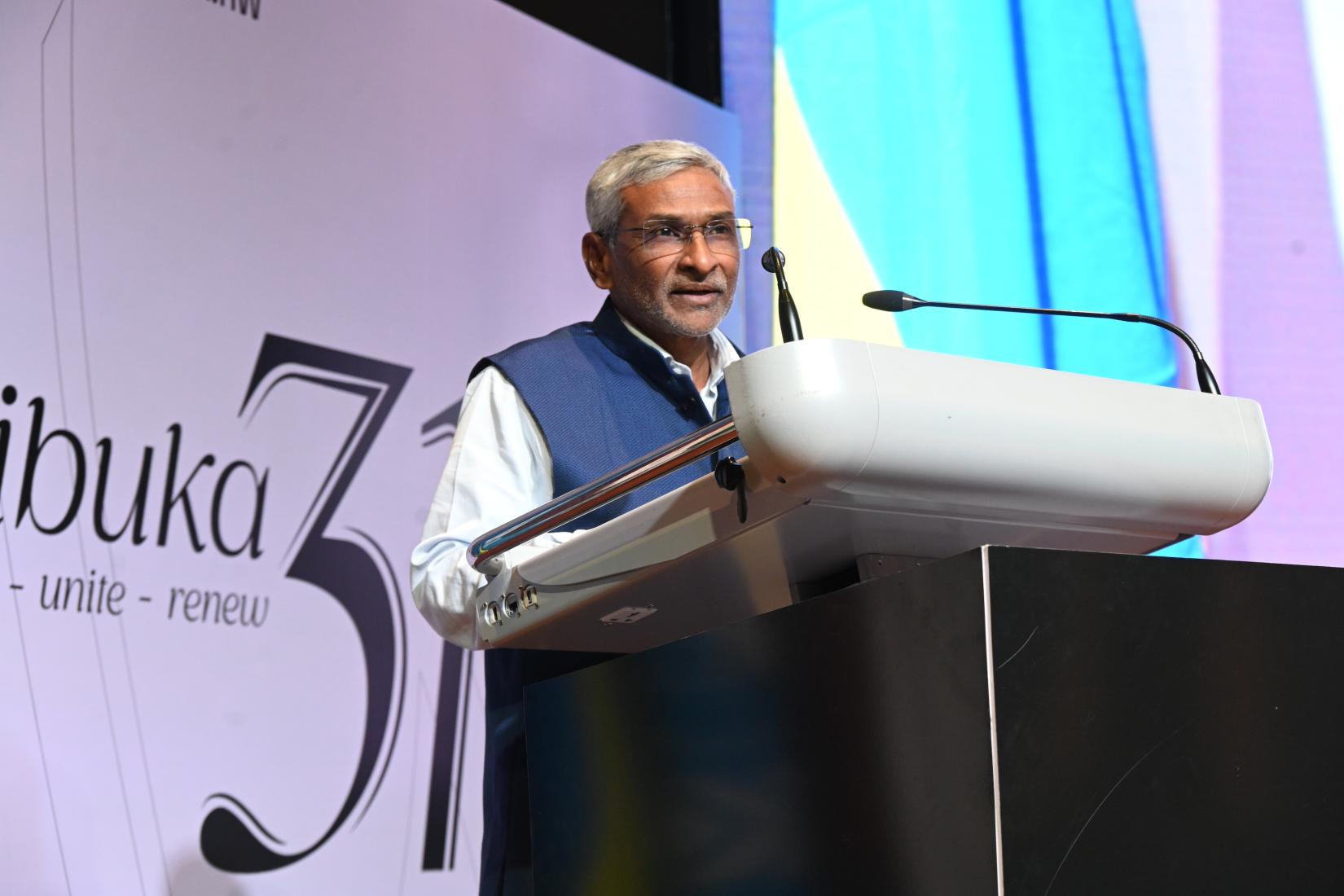 Secretary (Economic Relations) in Ministry of External Affairs Dammu Ravi addresses the gathering in New Delhi at the 31st anniversary commemoration of the 1994 Genocide against the Tutsi in Rwanda