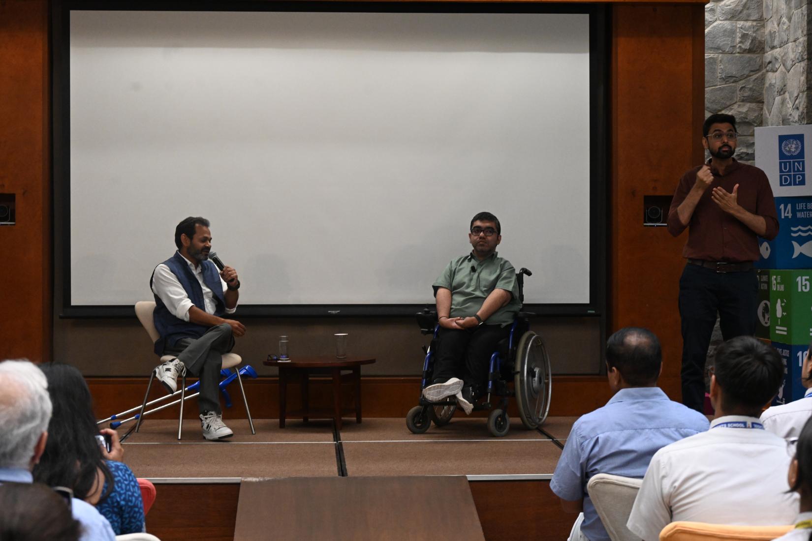 Disability rights activist Nipun Malhotra and World Food Programme India Media and Communication lead Parvinder Singh lead a discussion on portrayal of persons with disabilities onscreen at the We Care Film Festival in New Delhi. 