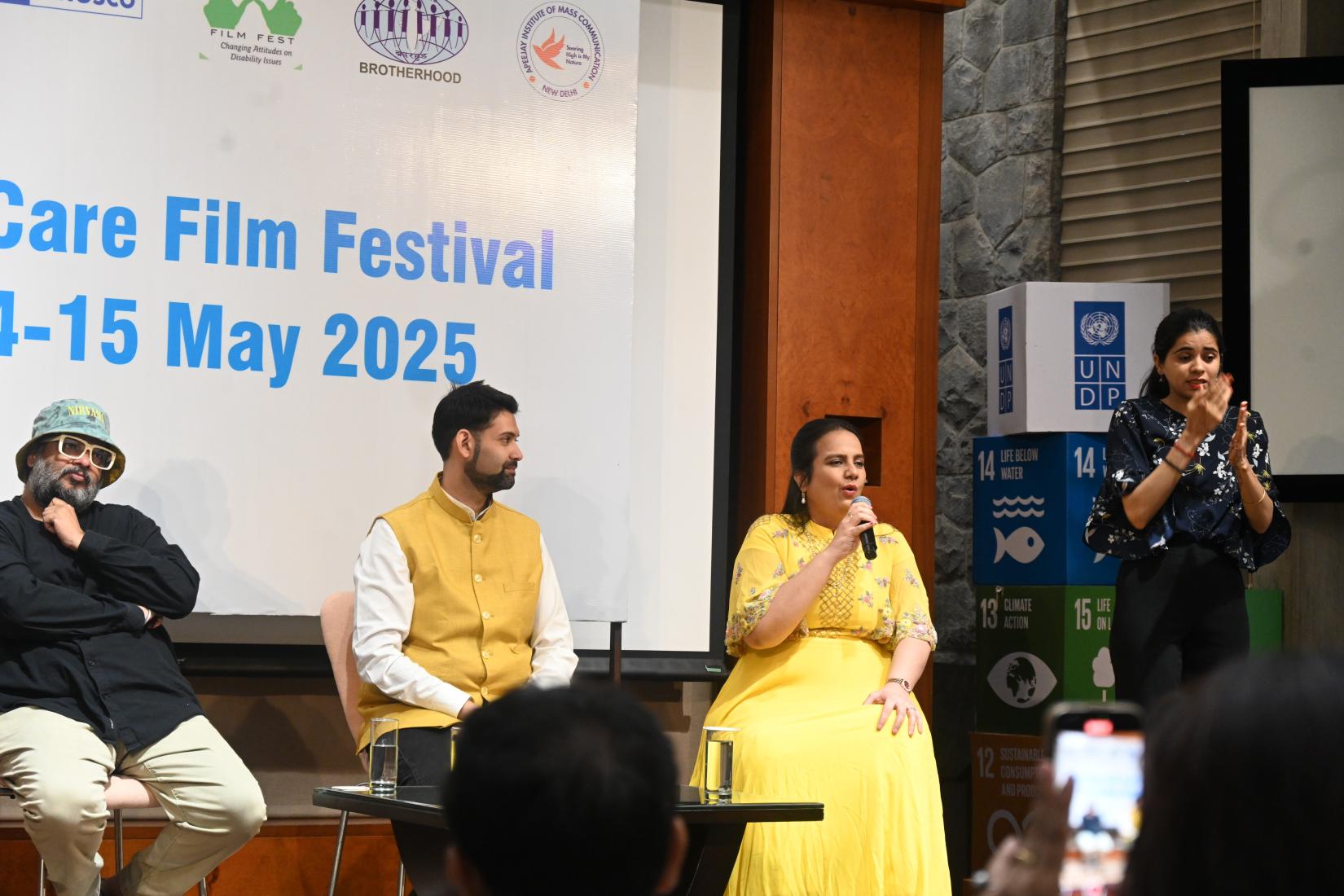 Panel discussion on onscreen portrayal and representation of persons with disabilities led by filmmakers Tushar Hiranandani and Ojaswwee Sharma NGO Rising Flame head Nidhi Goyal at the We Care Film Festival at UN House in New Delhi. 