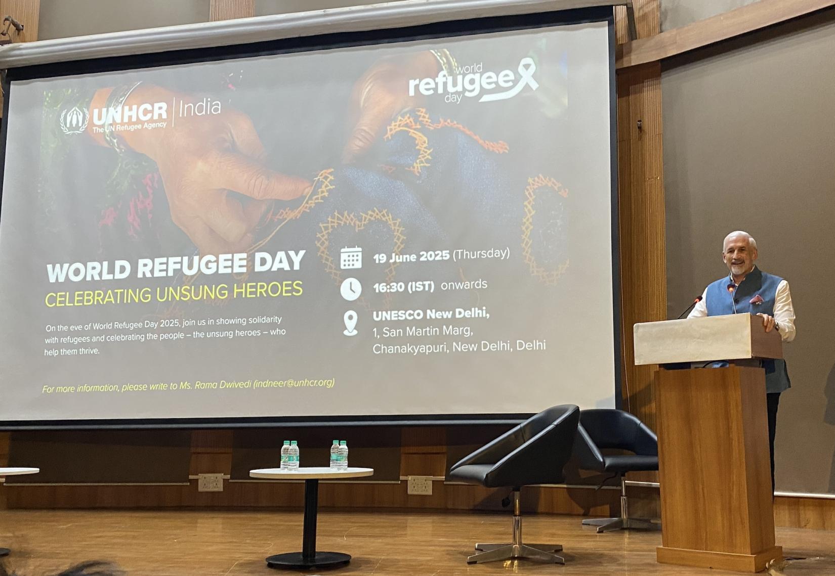 UN in India Resident Coordinator Shombi Sharp addresses the gathering at the World Refugee Day commemorations in New Delhi.