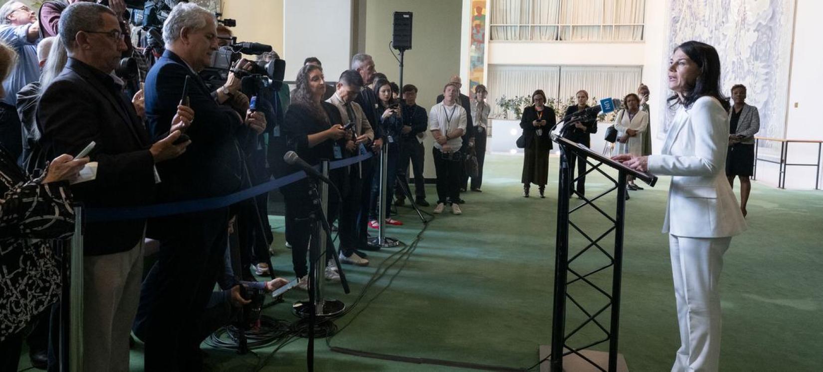 Annalena Baerbock, President-elect of the eightieth session of the UN General Assembly, speaks to the media following her election.