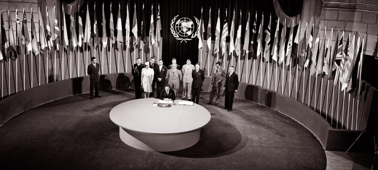 The UN Charter being signed by a delegation at a ceremony held at the Veterans’ War Memorial Building on 26 June 1945.
