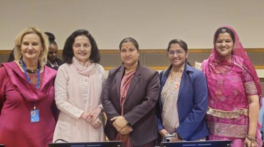UNFPA India Representative Andrea Wojnar, Ambassador Ruchira Kamboj, Permanent Representative of India to the United Nations, and Women Sarpanches Supriya Das Datta, Hemakumari Kunuku, and Neeru Yadav.
