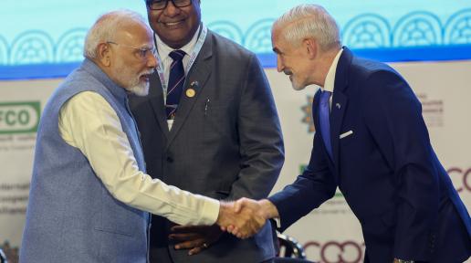 Indian Prime Minister Narendra Modi and United Nations in India Resident Coordinator Shombi Sharp interact at the launch of the UN International Year of Cooperatives 2025 in New Delhi as Fiji Deputy Prime Minister Manoa Kamikamica looks on. The launch marks the beginning of a year dedicated to recognizing the role of cooperatives in achieving the United Nations Sustainable Development Goals.