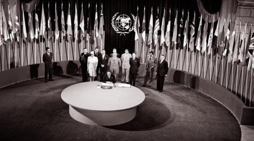The UN Charter being signed by a delegation at a ceremony held at the Veterans’ War Memorial Building on 26 June 1945.